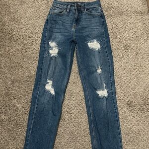 Fashion Nova Dark Blue Distressed Straight Leg Jeans